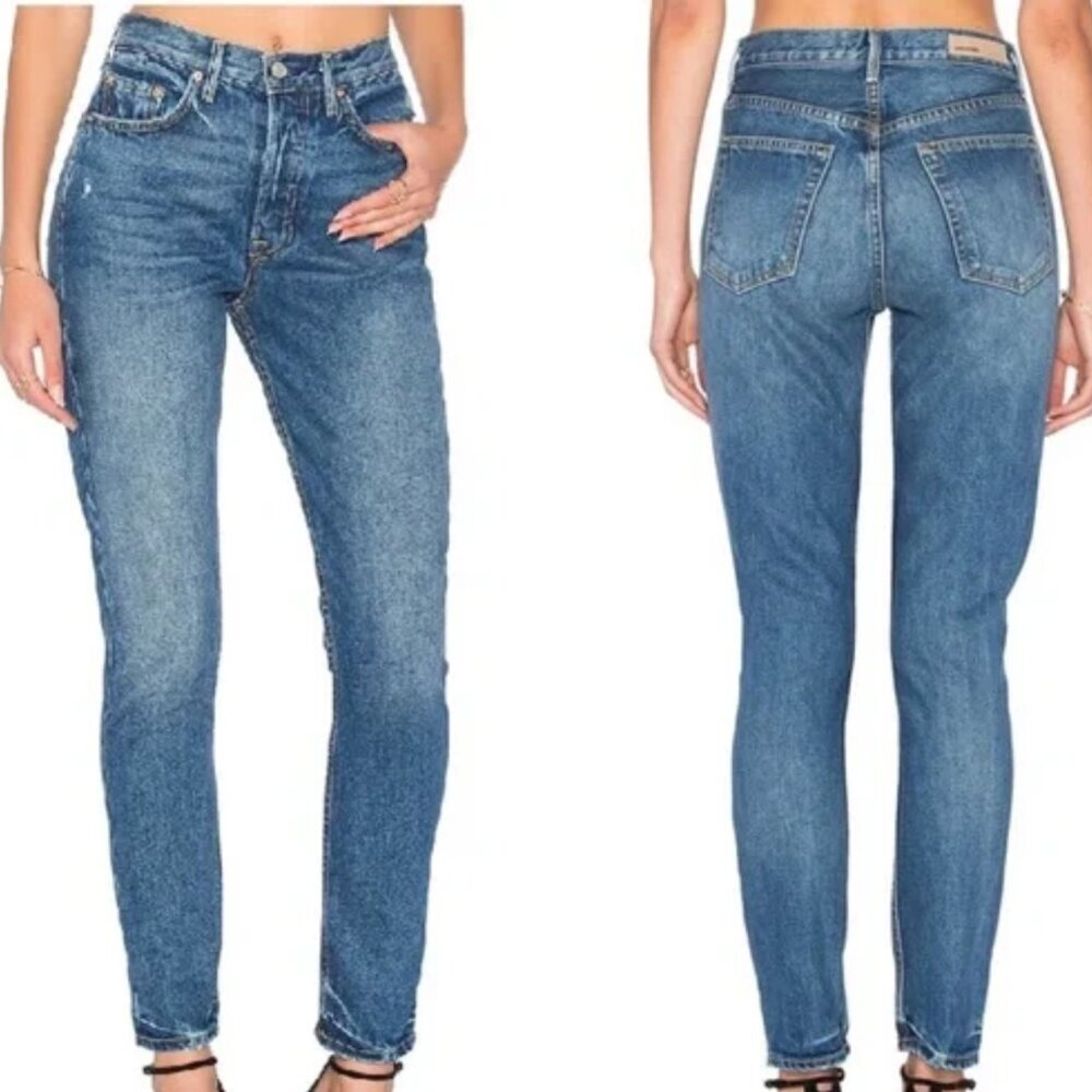 GRLFRND Denim Karolina Distressed High Rise Straight Leg Button Fly Jeans Sz 24